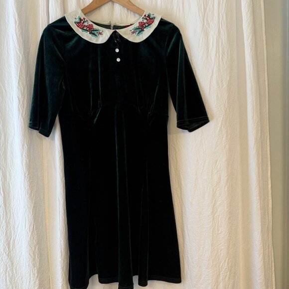 Hell Bunny Dress Size L Holiday Green Velvet Rockabilly Holly Collar Christmas - Picture 1 of 11
